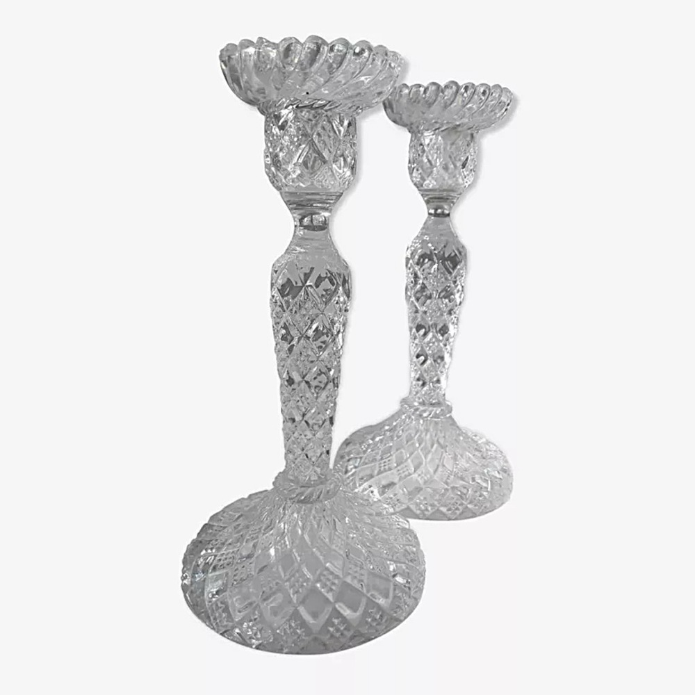 Antique Flambeaux Vallerysthal Portieux 1950s Pressed Molded Glass Candleholders